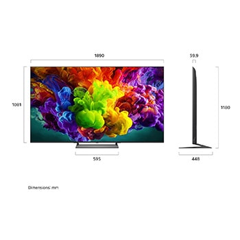 Het vooraanzicht van de LG QNED evo AI QNED90 Mini LED, uitgebracht in 2026, vult het scherm met levendige, vloeiende uitbarstingen van veelkleurige, verfachtige bewegingen, terwijl dichte wolken van kleur naadloos over het scherm versmelten.
